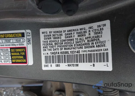 2008 Honda Civic Lx из США, поврежденный, VIN 1HGFA16598L103140